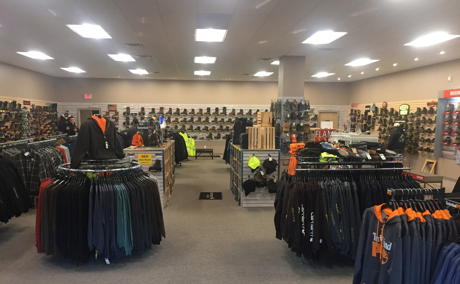 Interior of the DIBS Work Boots store showing the boot wall